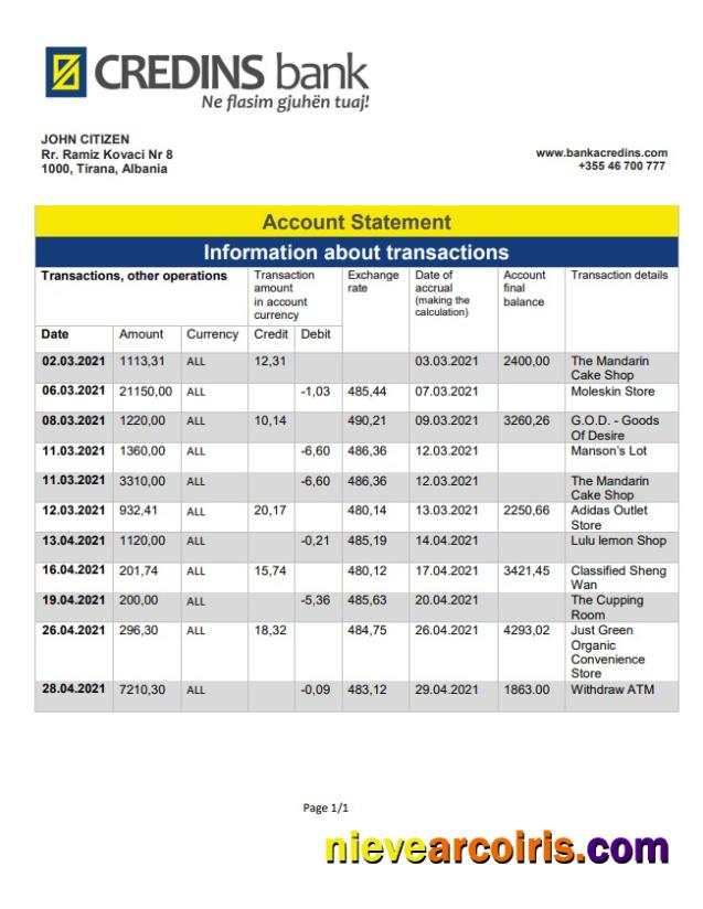Albania Credins bank statement